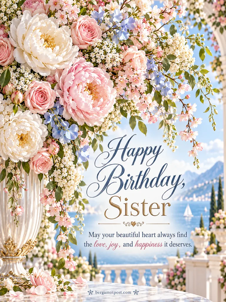 Happy Birthday, Sister Wishes Image with Pink Peonies and a Lake View