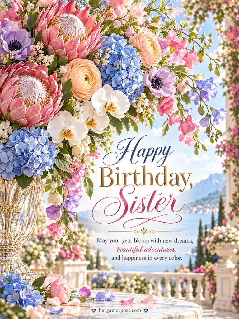 Colorful Happy Birthday Sister Wishes Image with Proteas and Blue Hydrangeas