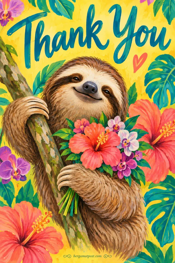 Thank You Card — Smiling Sloth with Hibiscus