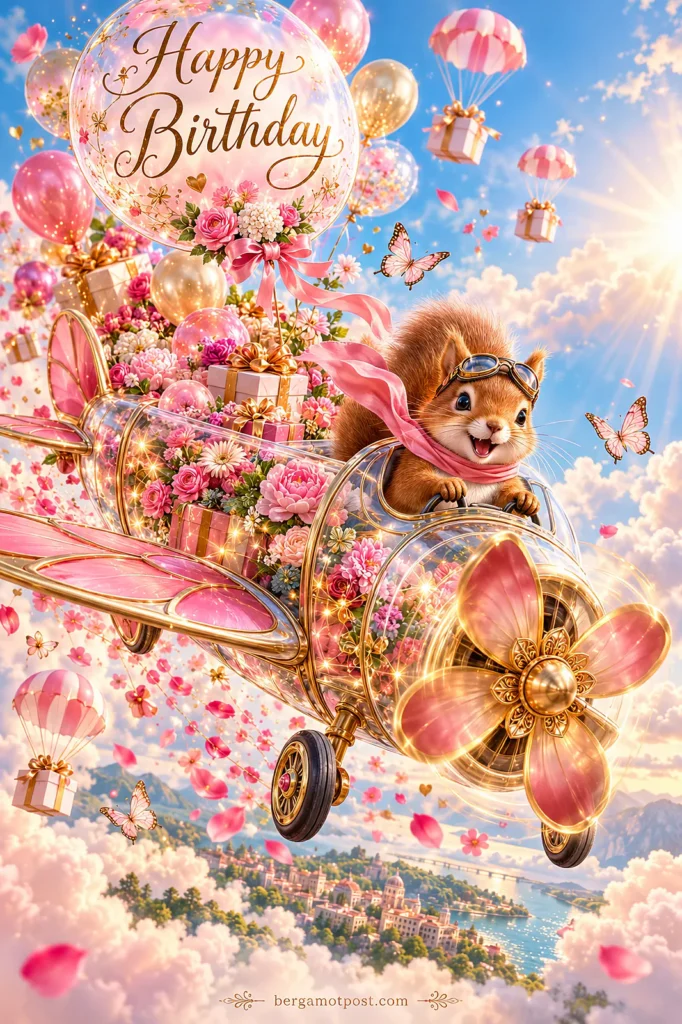 Happy Birthday Card Video — Squirrel Pilot in a Pink Propeller Plane