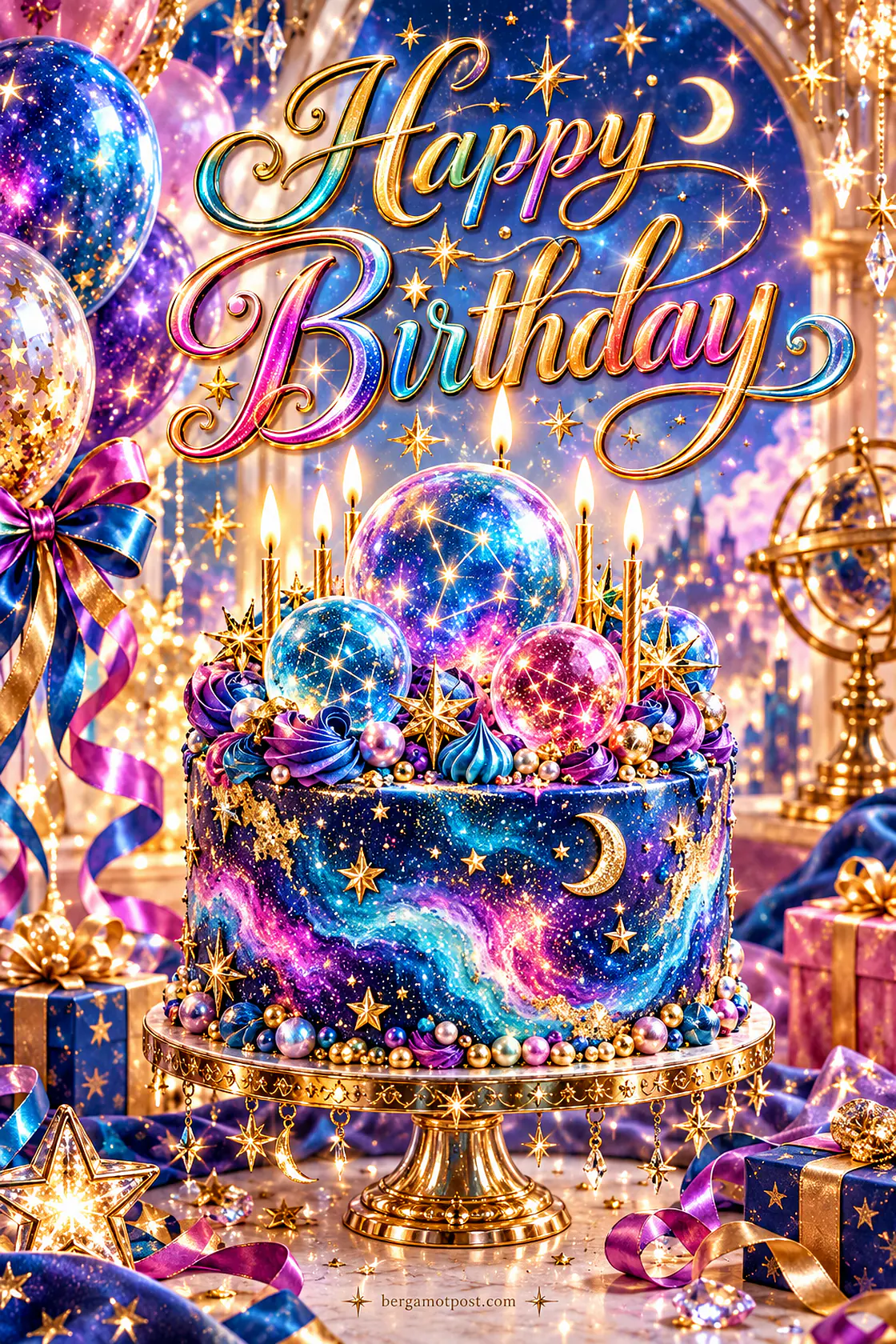 Happy Birthday Card — Galaxy Cake with Constellation Orbs