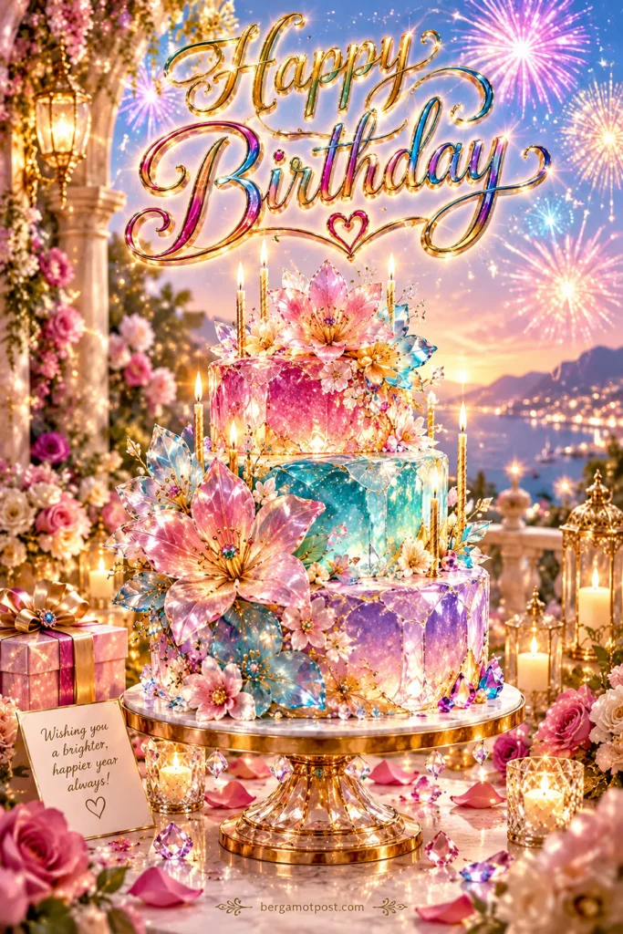 Birthday Card — Crystal Flower Cake on a Sunset Terrace