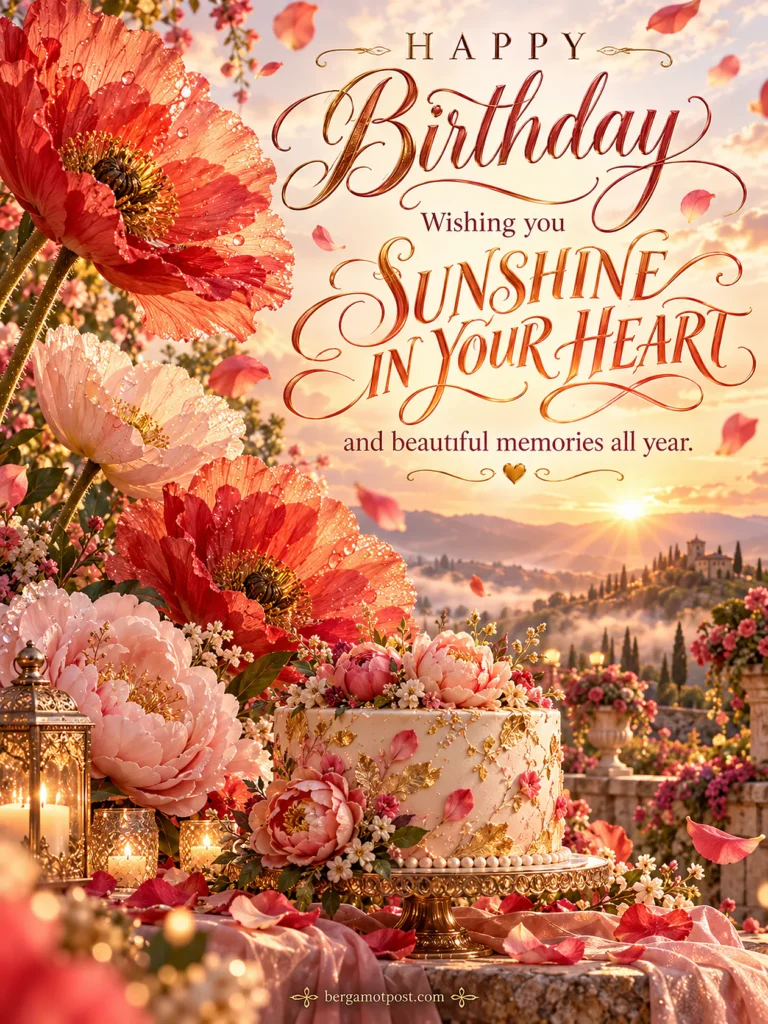 Happy Birthday Wishes Image — Sunshine in Your Heart (Red Poppies at Sunrise)