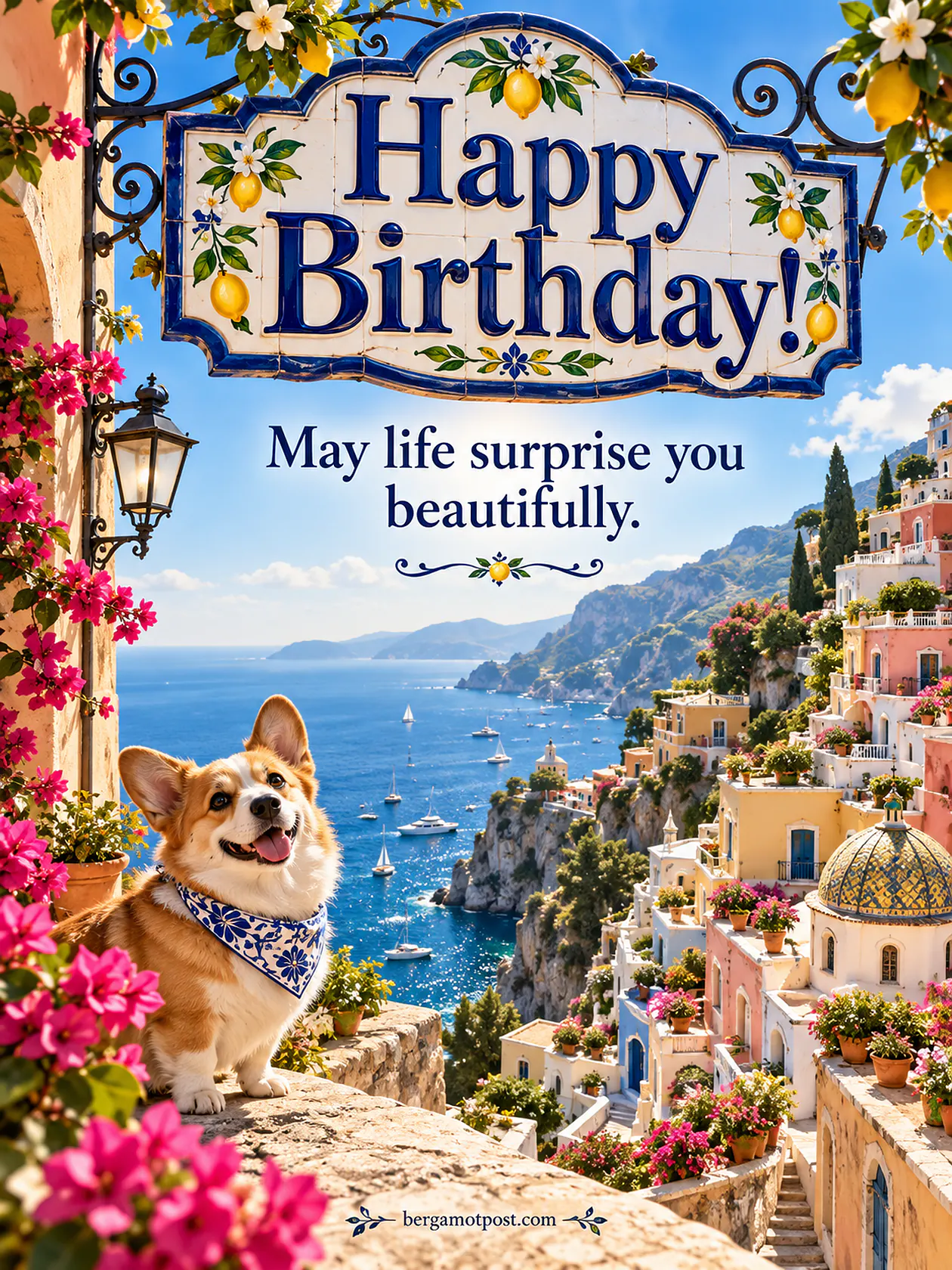 Happy Birthday Image — May Life Surprise You Beautifully (Corgi on the Amalfi Coast)