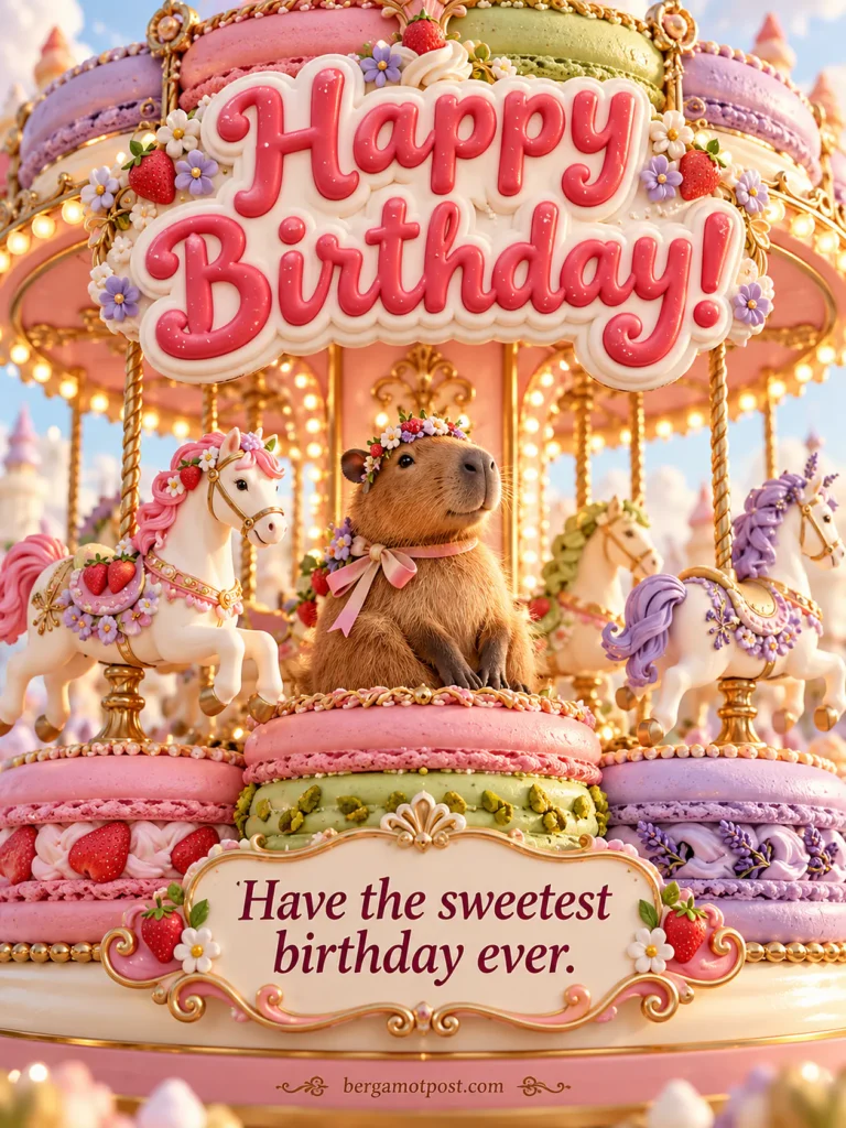 Happy Birthday Image — Have the Sweetest Birthday Ever (Capybara on a Macaron Carousel)