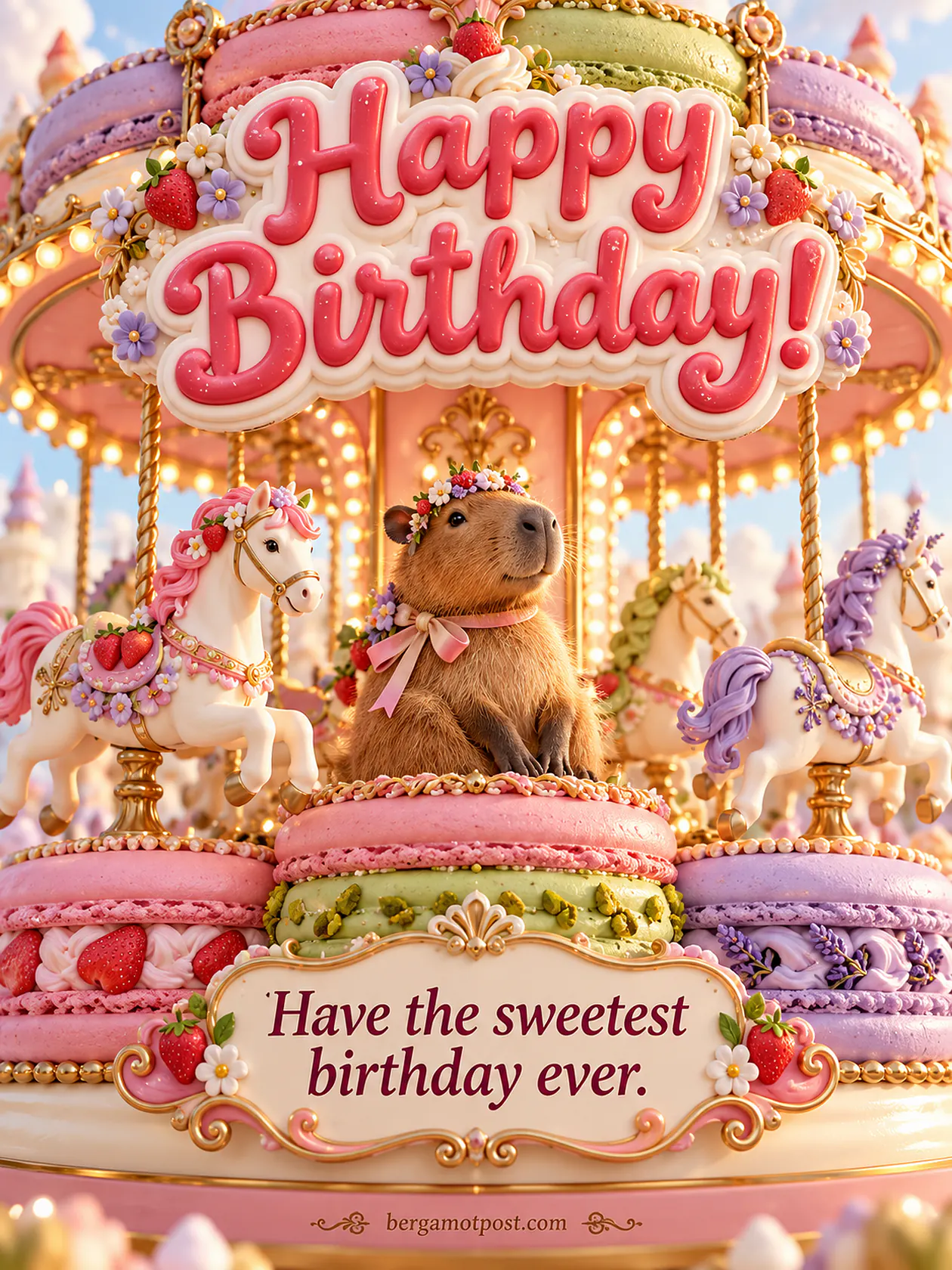 Happy Birthday Image — Have the Sweetest Birthday Ever (Capybara on a Macaron Carousel)