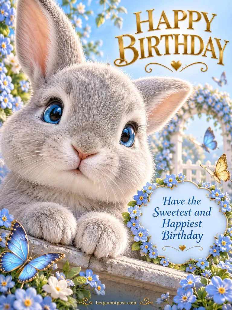 Animated Birthday Card — Have the Sweetest and Happiest Birthday (Gray Bunny with Blue Butterflies)