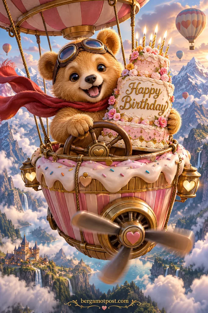 Teddy Bear in a Cupcake Hot Air Balloon — Animated Happy Birthday Card