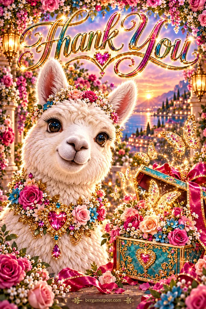 With Gratitude — Thank You Card with an Alpaca and Butterflies