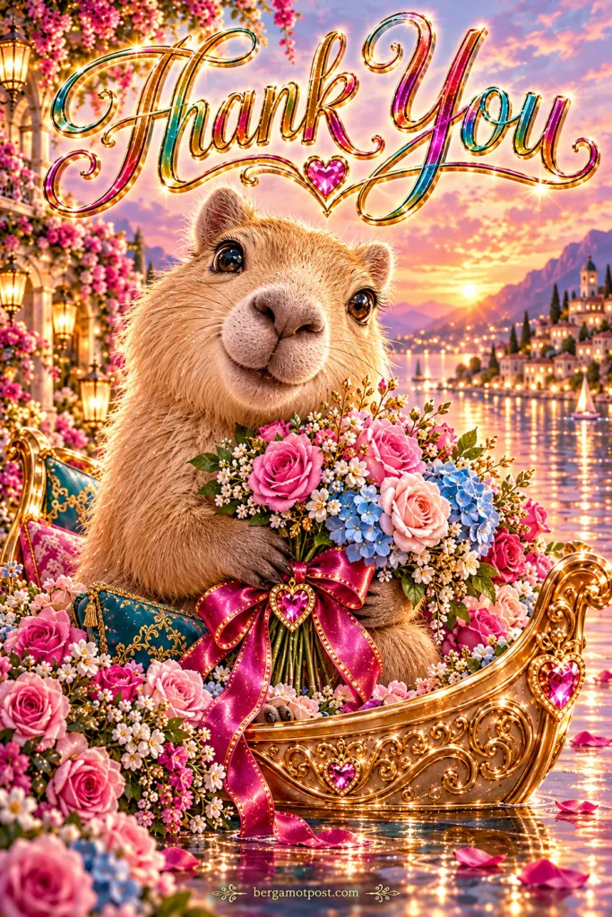 Thank You Greeting Card — Capybara in a Golden Boat with Roses