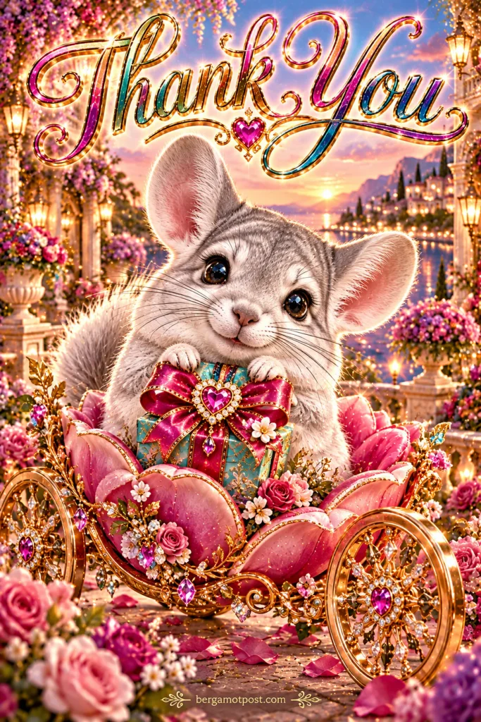 Thank You Card — Chinchilla in a Petal Carriage