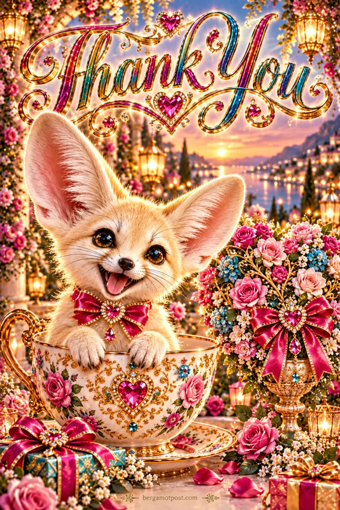 Thank You Card — Fennec Fox in a Rose Teacup