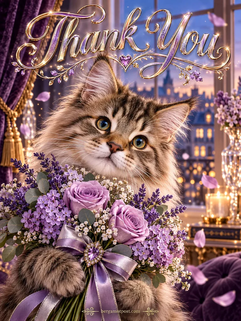 Thank You Video Card — Fluffy Kitten with Lavender Roses