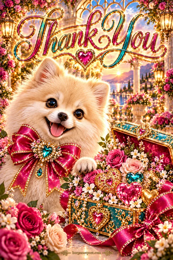 Thank You Card for Someone Special — Pomeranian with a Box of Jeweled Hearts