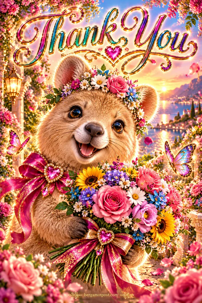 A Big Thank You Card — Smiling Quokka with a Wildflower Bouquet