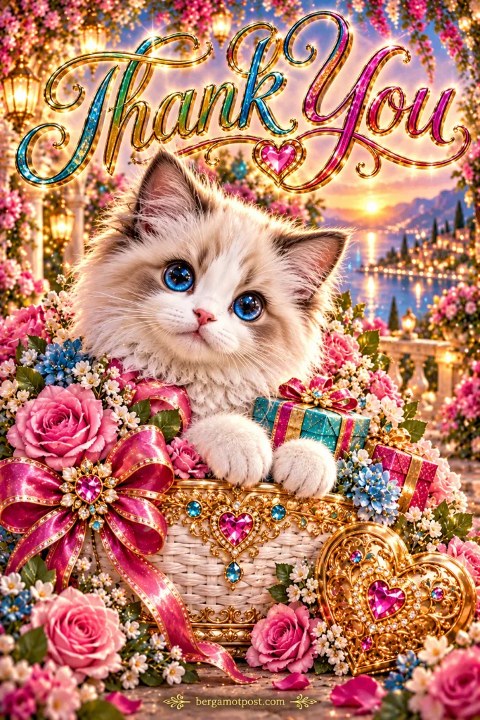 Thank You Card — Ragdoll Kitten in a Flower Basket