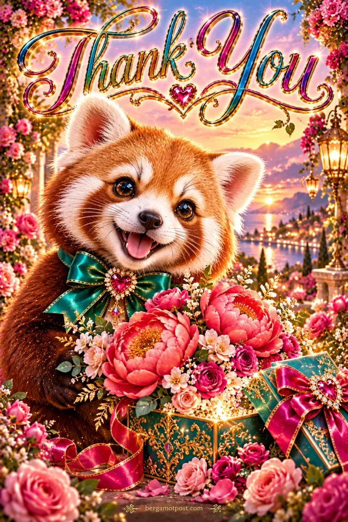 Thank You Card — Red Panda with a Bouquet and a Gift Box