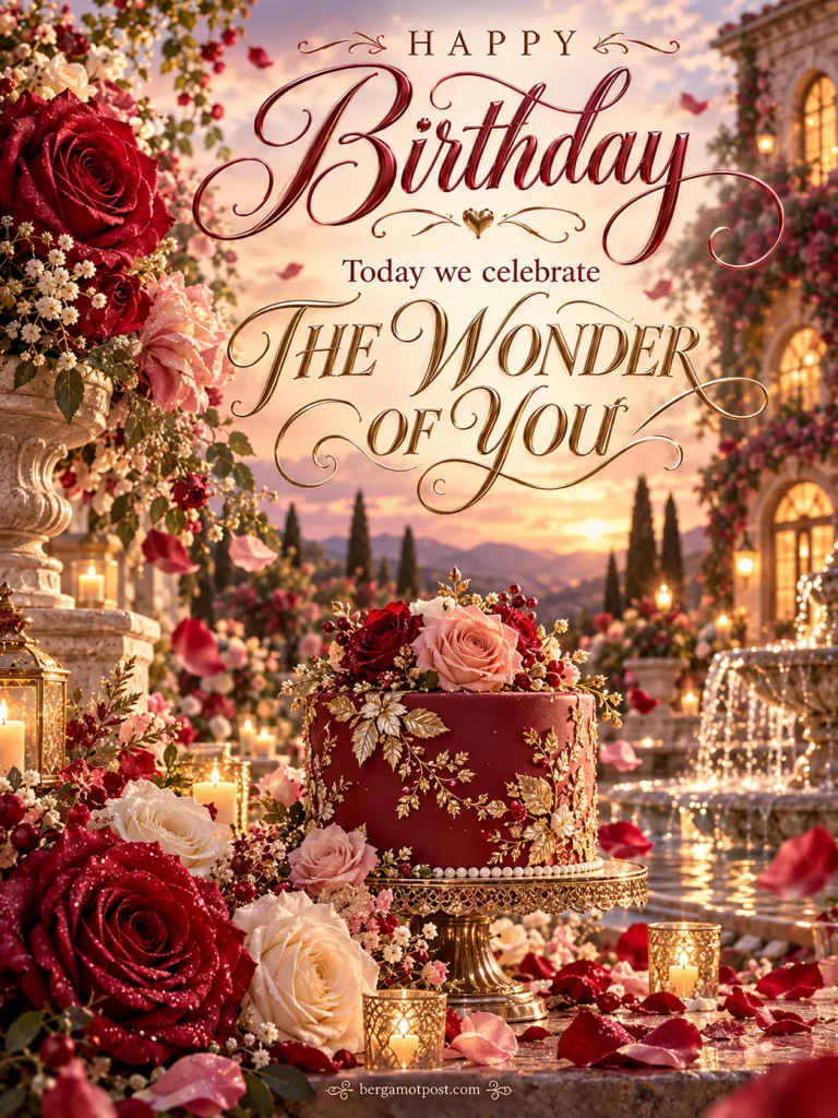 Happy Birthday Image — Today We Celebrate the Wonder of You (Crimson Roses)