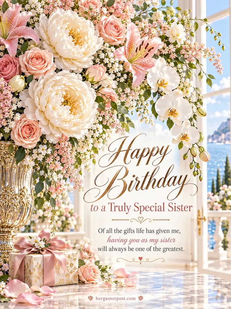 Happy Birthday to a Truly Special Sister: Image with a Gift Box, Peonies and Wishes