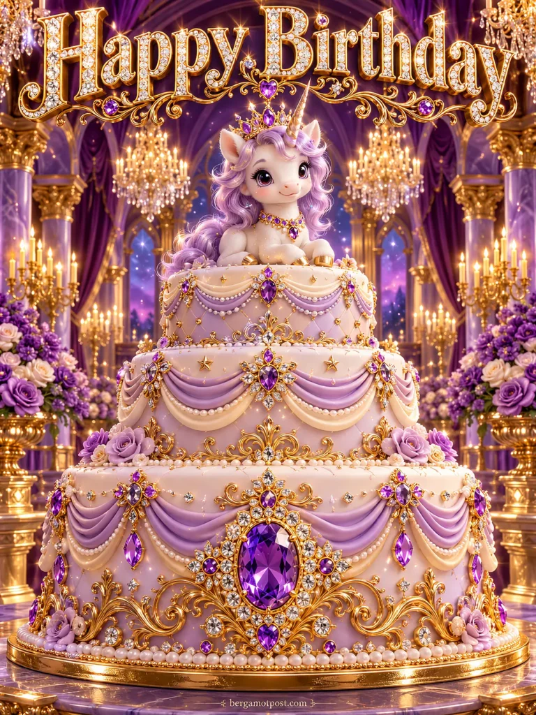 Animated Birthday Image and Wishes — Unicorn on an Amethyst Cake