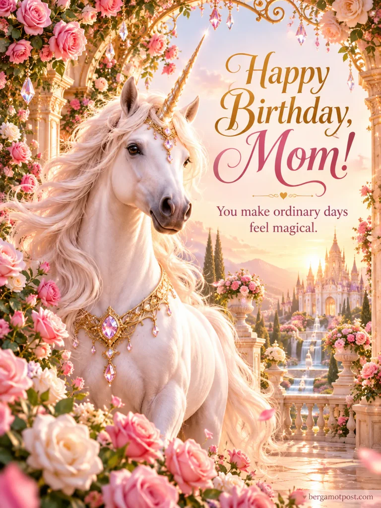 Happy Birthday Mom Image — Unicorn in a Rose Garden