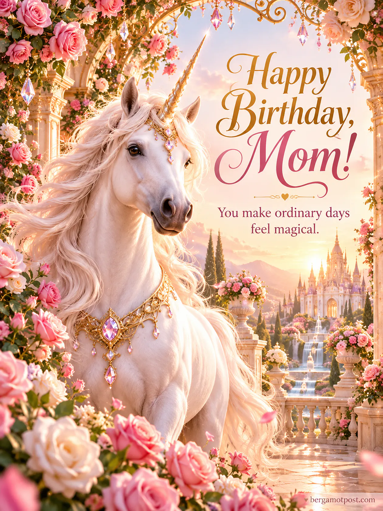 Happy Birthday Mom Image — Unicorn in a Rose Garden
