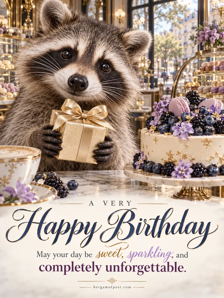 A Very Happy Birthday Image with a Raccoon in a Paris Cafe