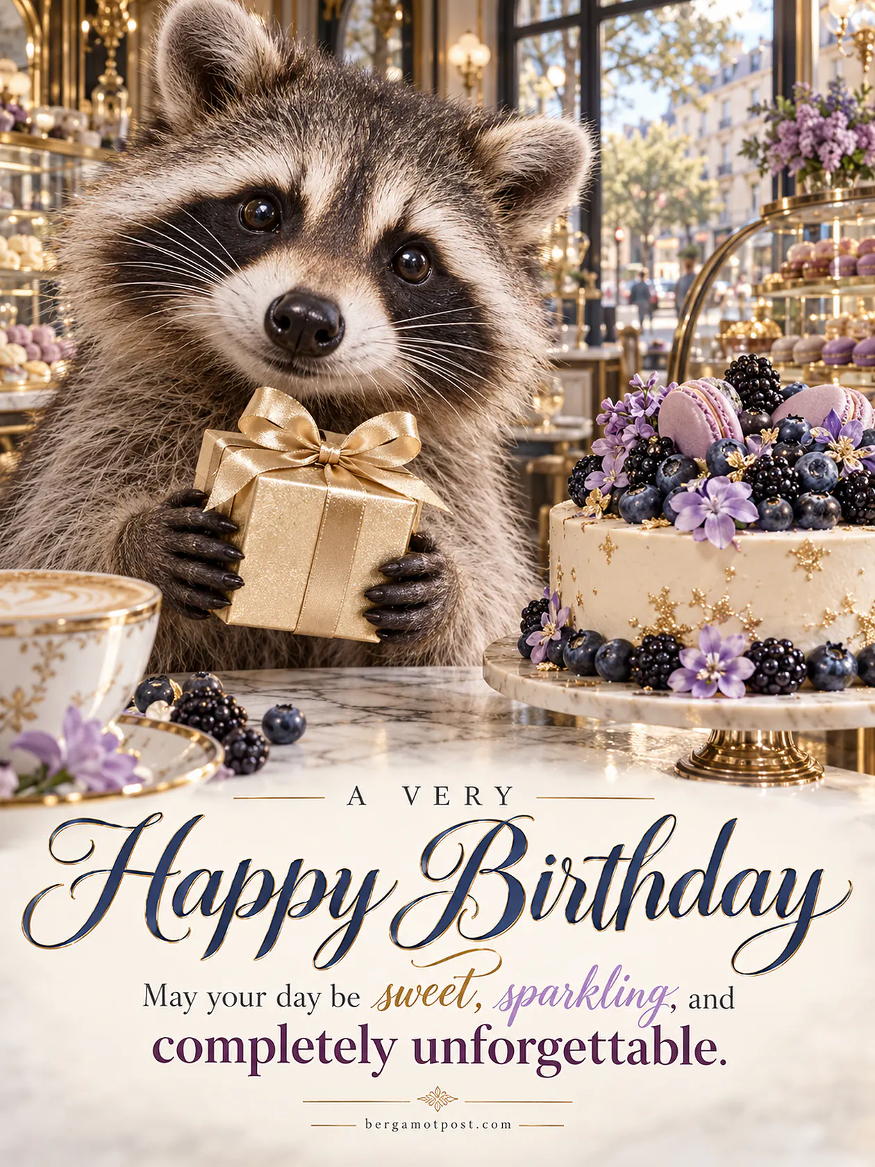 A Very Happy Birthday Image with a Raccoon in a Paris Cafe