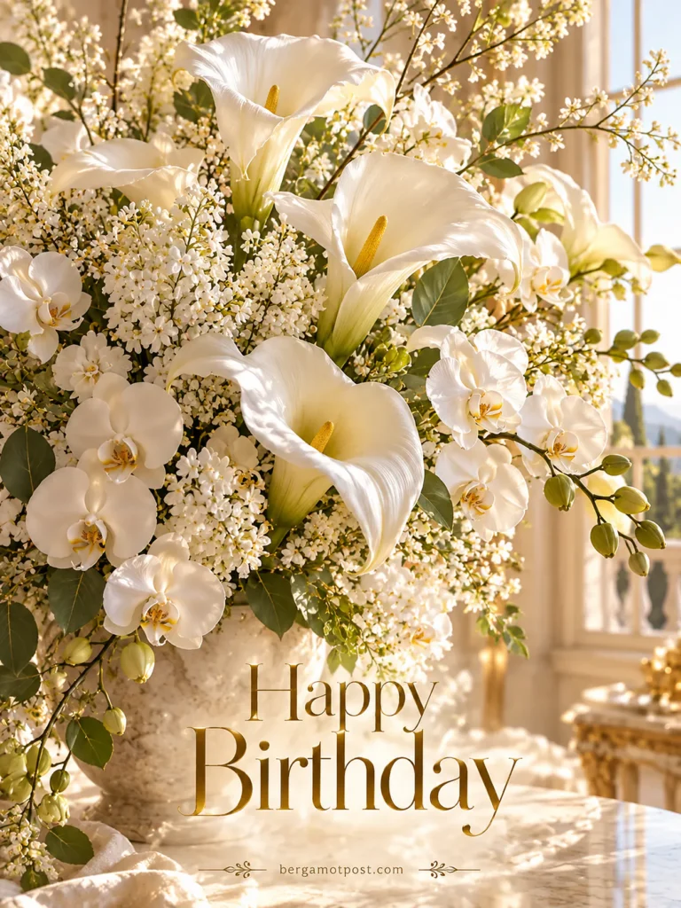 White Calla Lily Birthday Card with Gold Lettering