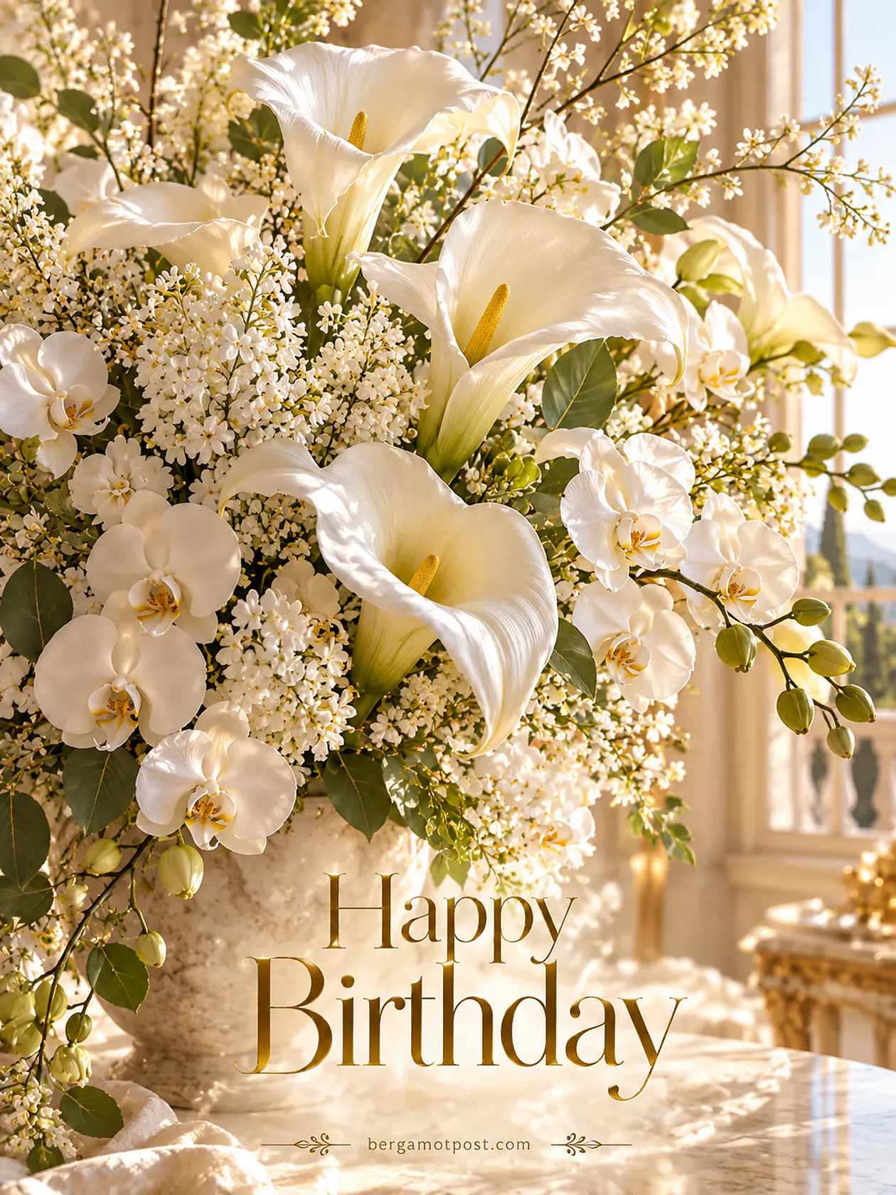 White Calla Lily Birthday Card with Gold Lettering