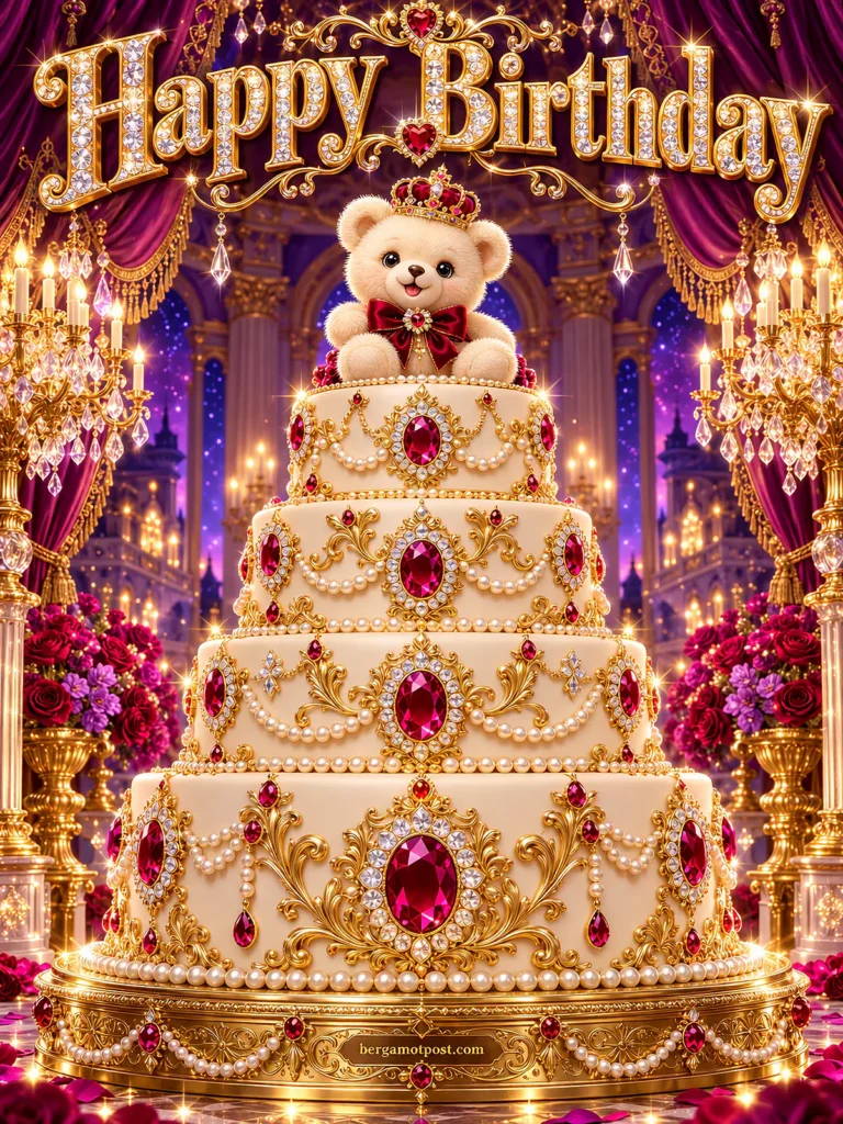 Happy Birthday Animated Wishes — White Teddy Bear on a Ruby Cake