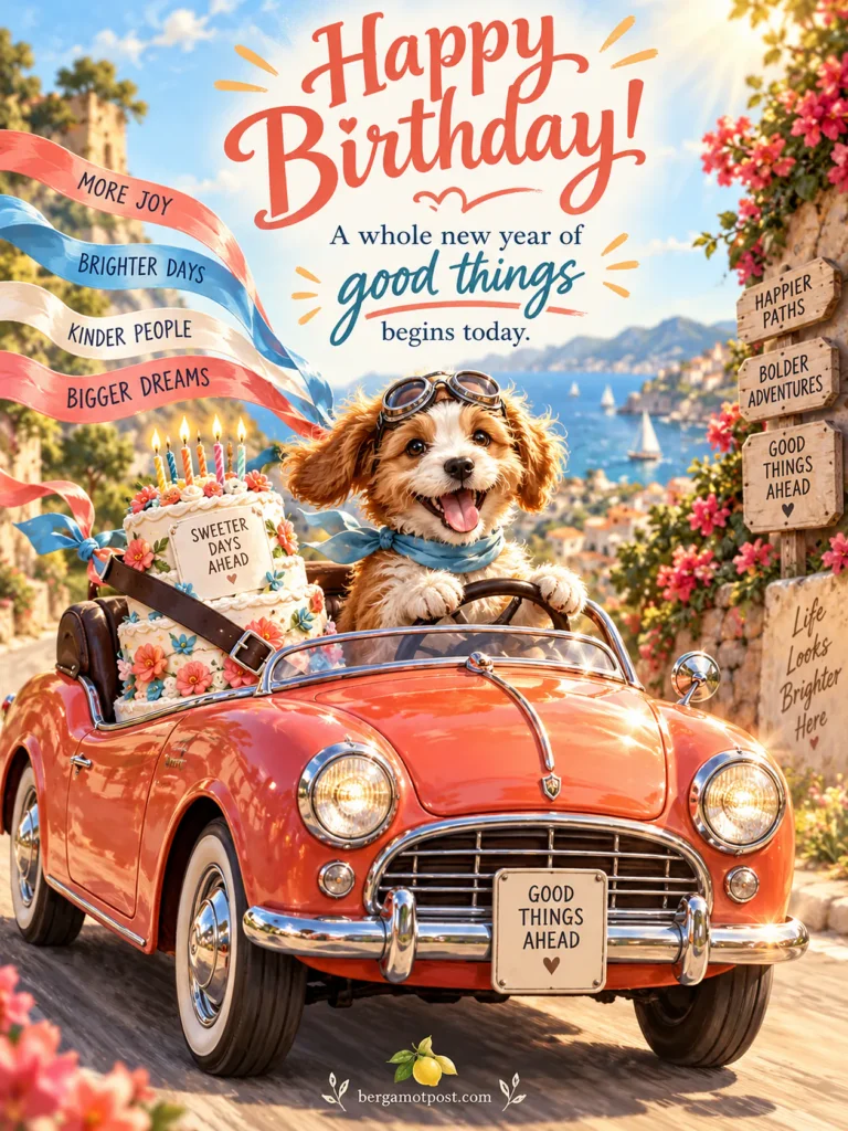 Happy Birthday Image and Wishes — A Whole New Year of Good Things (Puppy in a Red Convertible)