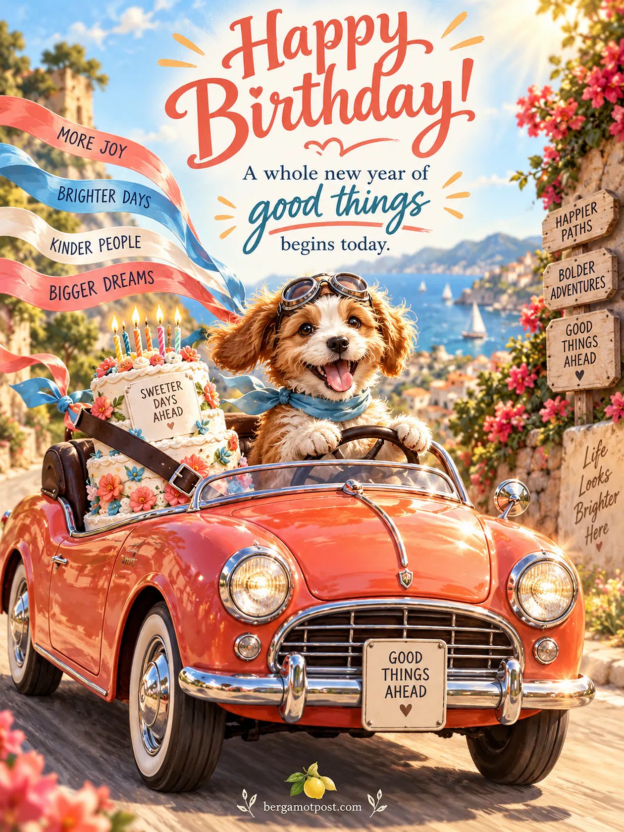 Happy Birthday Image and Wishes — A Whole New Year of Good Things (Puppy in a Red Convertible)