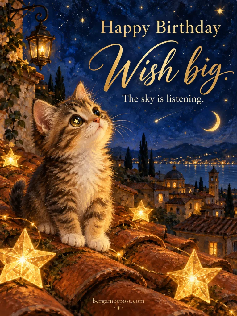 Happy Birthday Image — Wish Big, the Sky Is Listening (Kitten on the Rooftop)