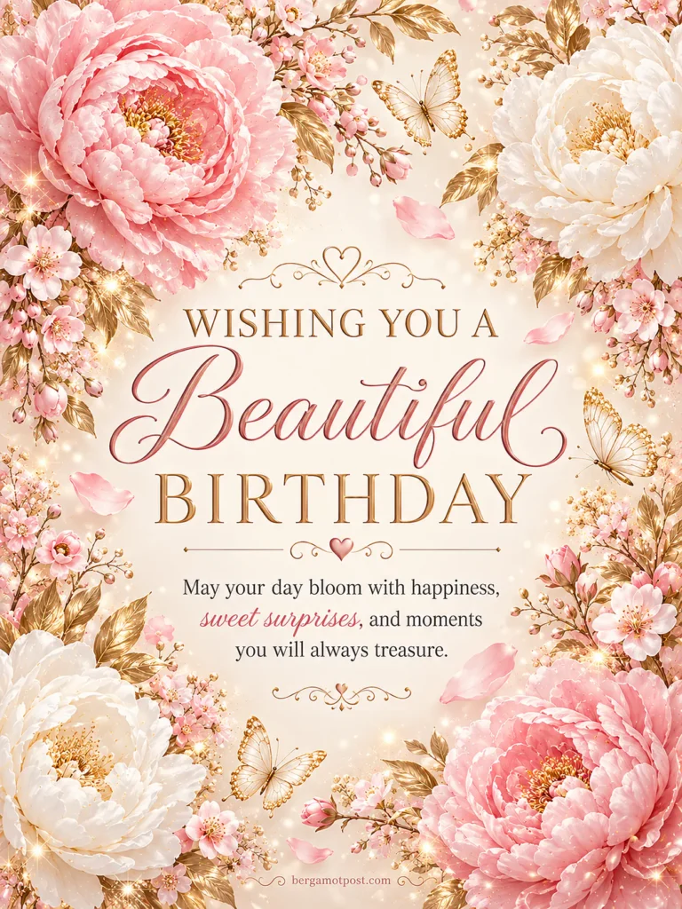 Wishing You a Beautiful Birthday — Pink and White Peonies with Gold Leaves
