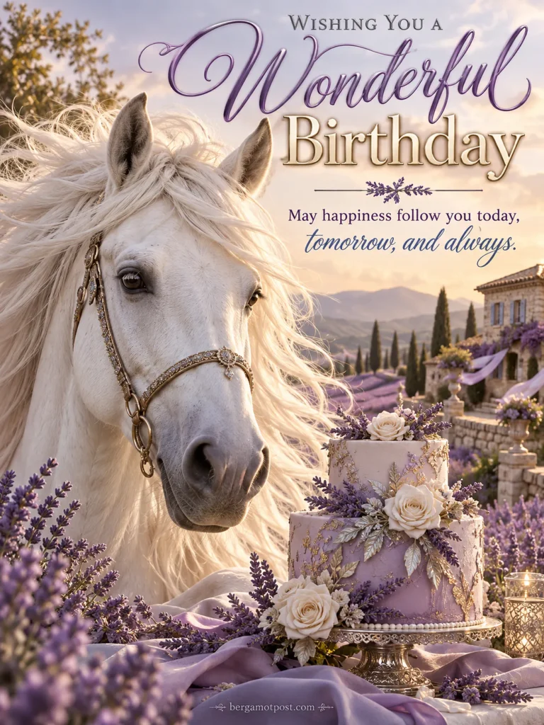 Wonderful Birthday Wishes Image with a White Horse in Lavender Fields