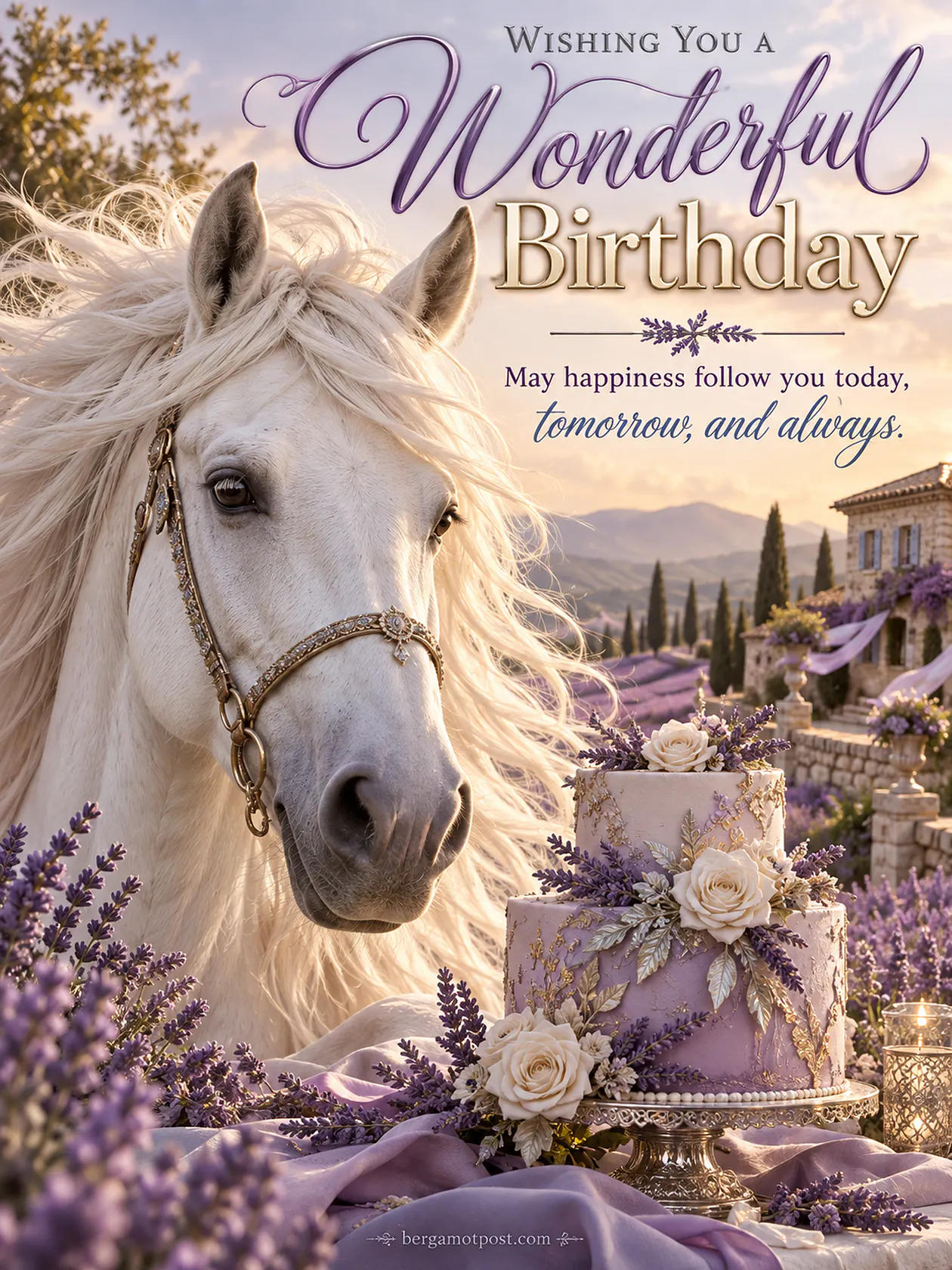 Wonderful Birthday Wishes Image with a White Horse in Lavender Fields