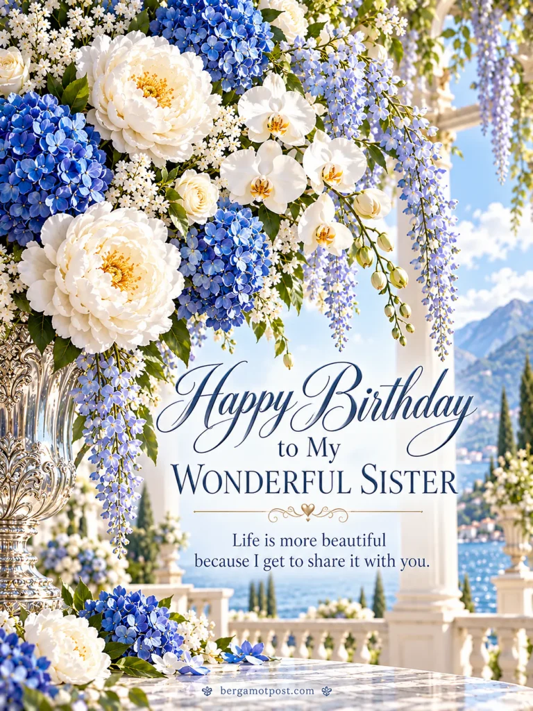 Happy Birthday to My Wonderful Sister Image with Blue Hydrangeas and Wishes