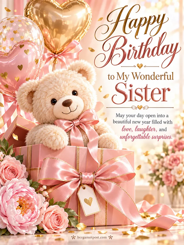 Happy Birthday to My Wonderful Sister — Teddy Bear Image with Wishes