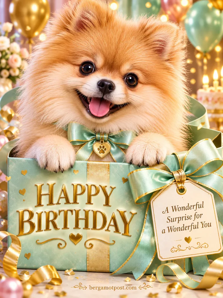 Birthday Video Card — A Wonderful Surprise for a Wonderful You (Pomeranian in a Gift Box)