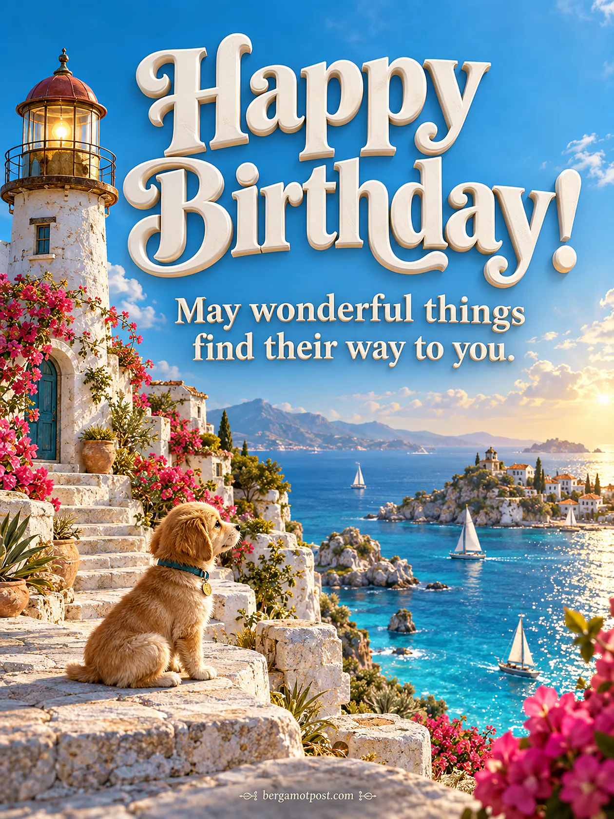 Happy Birthday Image — Wonderful Things (Golden Puppy by the Lighthouse)