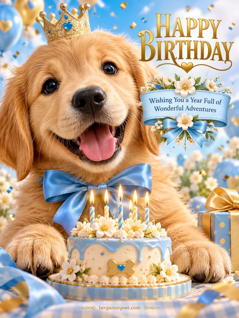Animated Birthday Card — Wishing You a Year Full of Wonderful Adventures (Golden Puppy with a Crown)