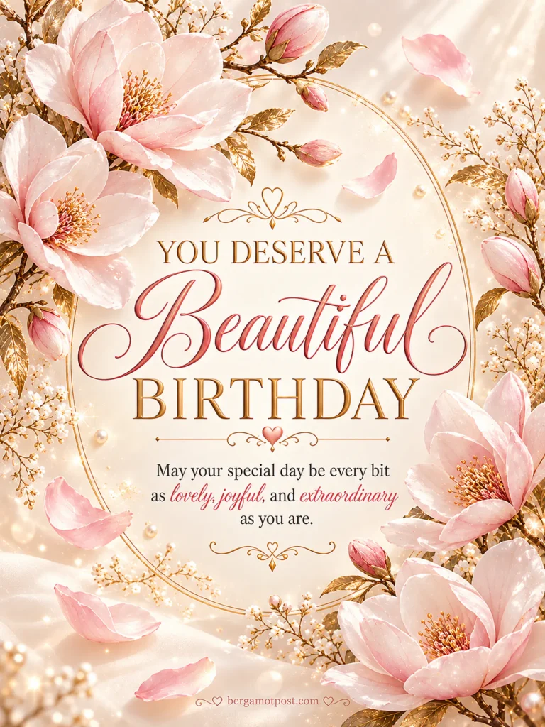 You Deserve a Beautiful Birthday — Pink Magnolias in a Golden Oval