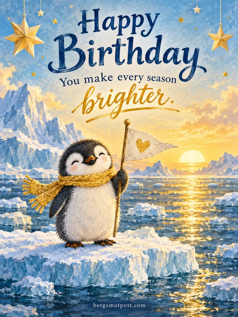 Happy Birthday Image — You Make Every Season Brighter (Penguin with a Heart Flag)