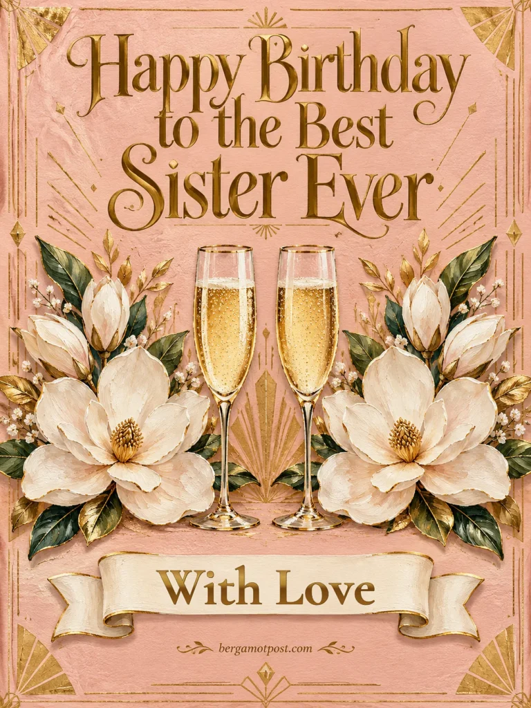 Happy Birthday to the Best Sister Ever: Animated Image with Magnolias and Champagne, Her Name on the Ribbon