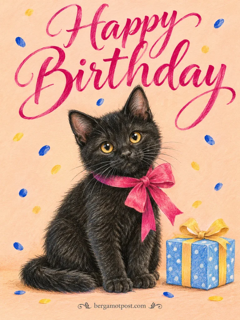 Happy Birthday Wishes with a Black Kitten in a Pink Bow
