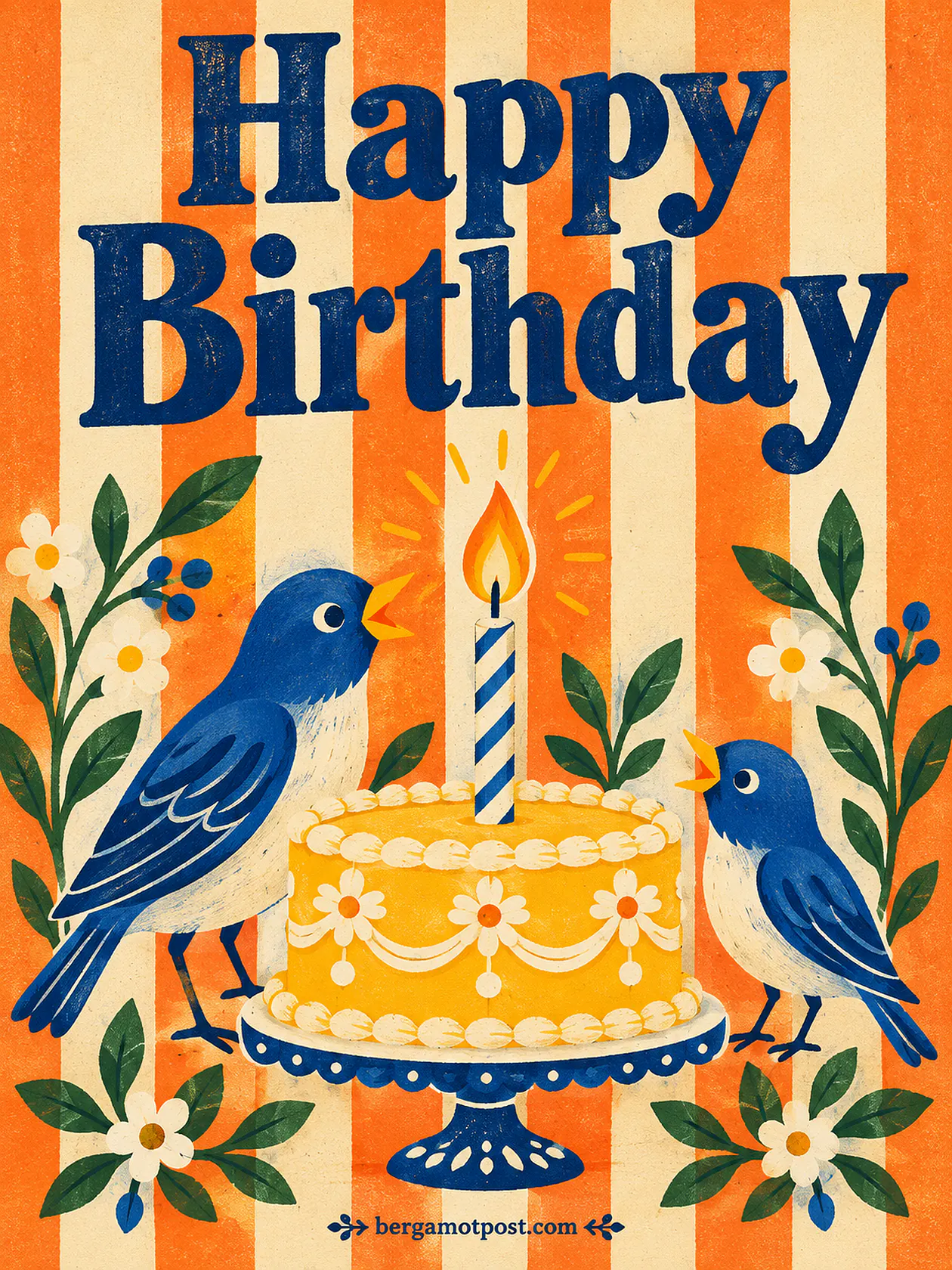 Happy Birthday Image — Bluebirds Singing by a Birthday Cake