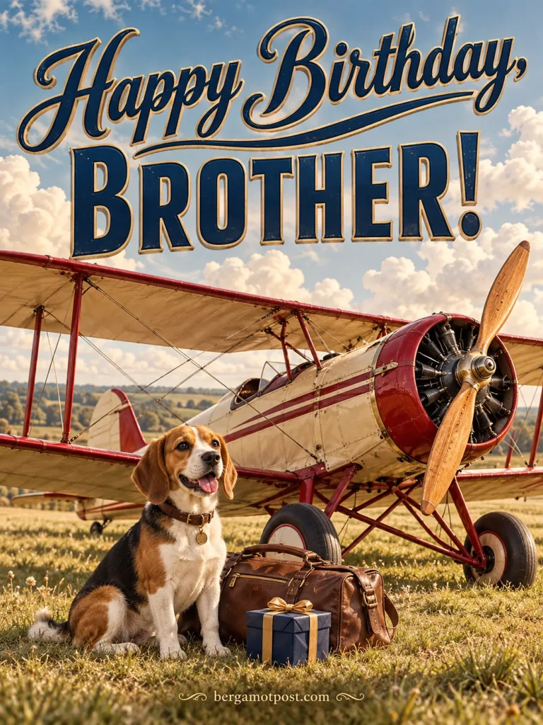 Happy Birthday Brother Image with Beagle and Vintage Red Biplane