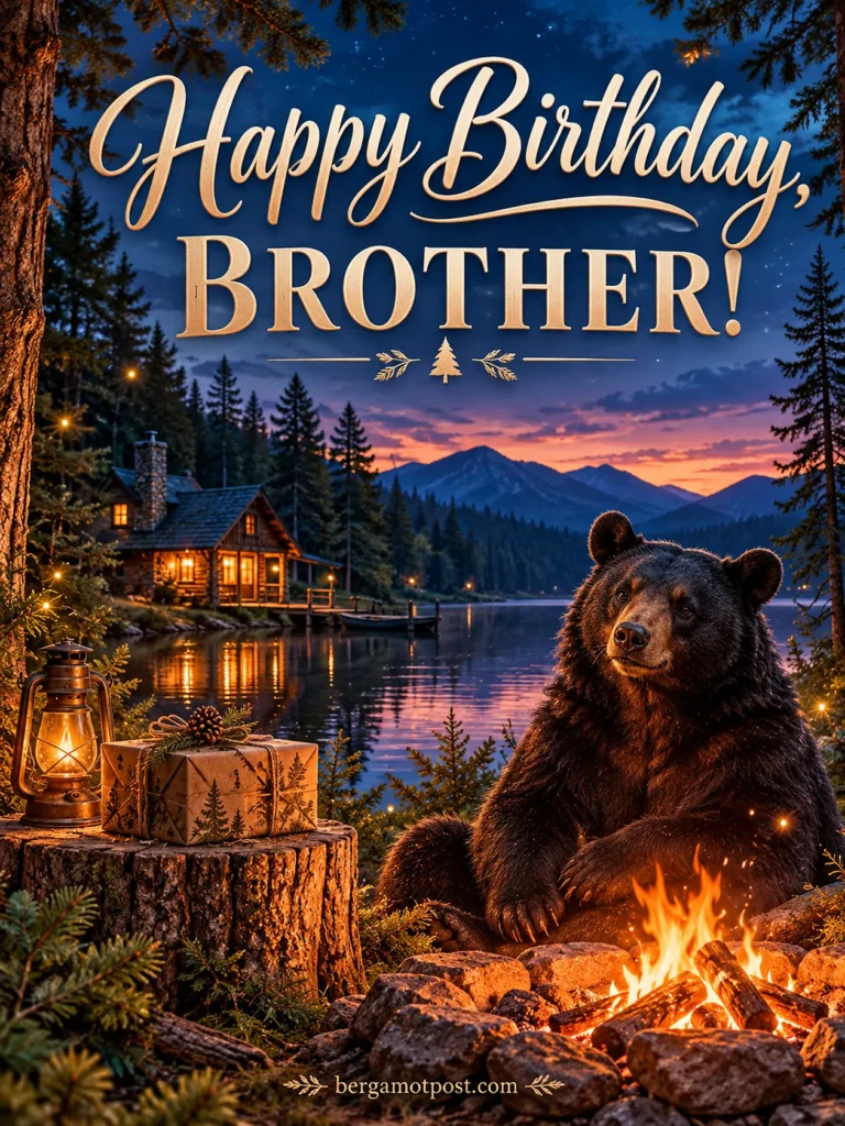 Happy Birthday Wishes for Brother with Black Bear at a Lakeside Campfire