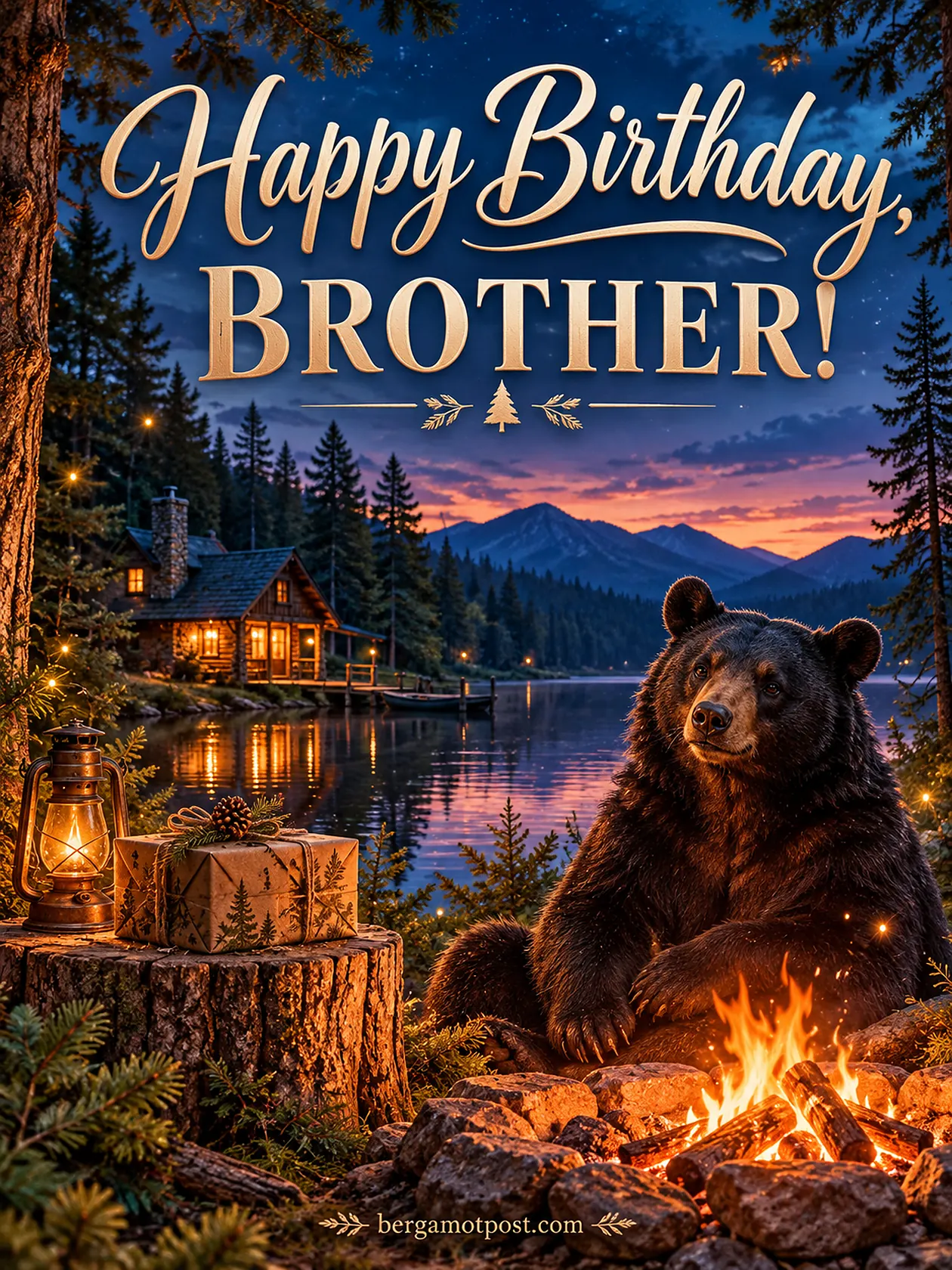 Happy Birthday Wishes for Brother with Black Bear at a Lakeside Campfire